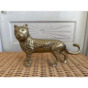 Vintage 70s Cast Metal Brass Finish Cheetah Cat Leopard  Sculpture